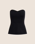 A black strapless bandeau top with a sweetheart neckline and structured, slightly flared silhouette, shown against a solid light beige background.