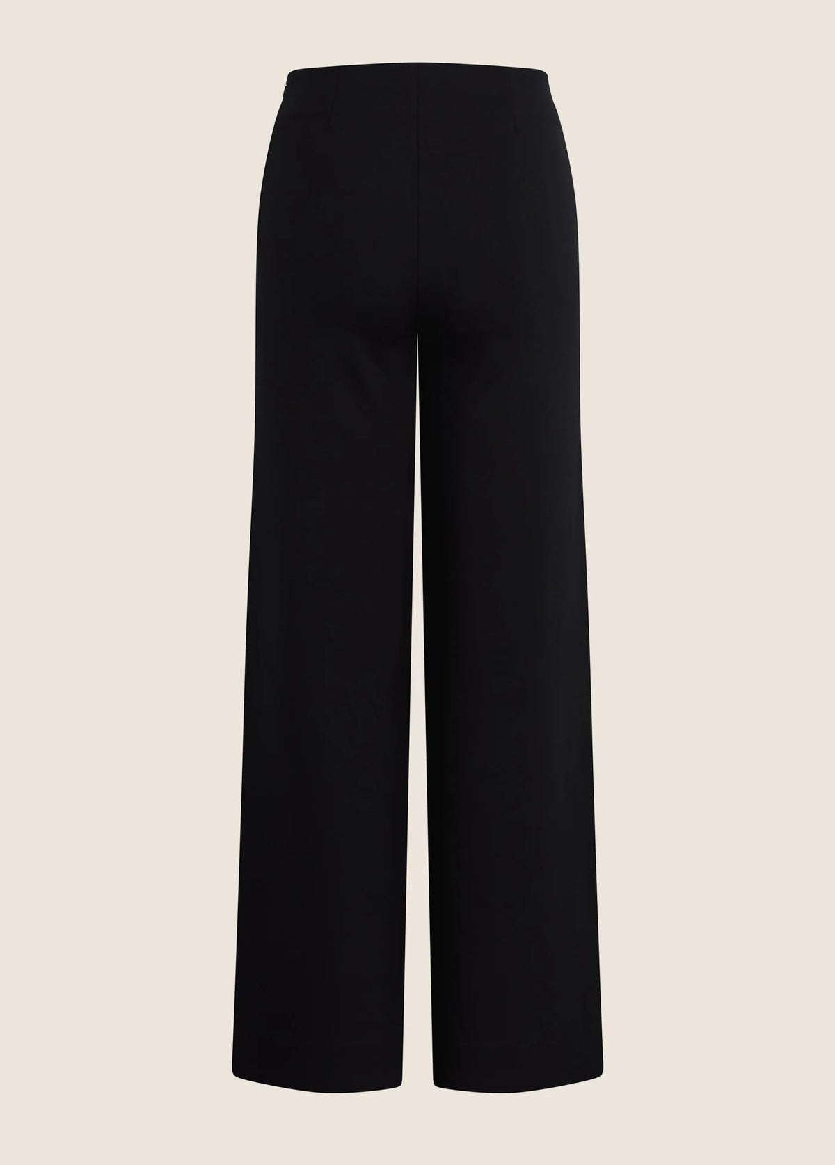 Black wide-leg cropped pants shown from the back on a light beige background.