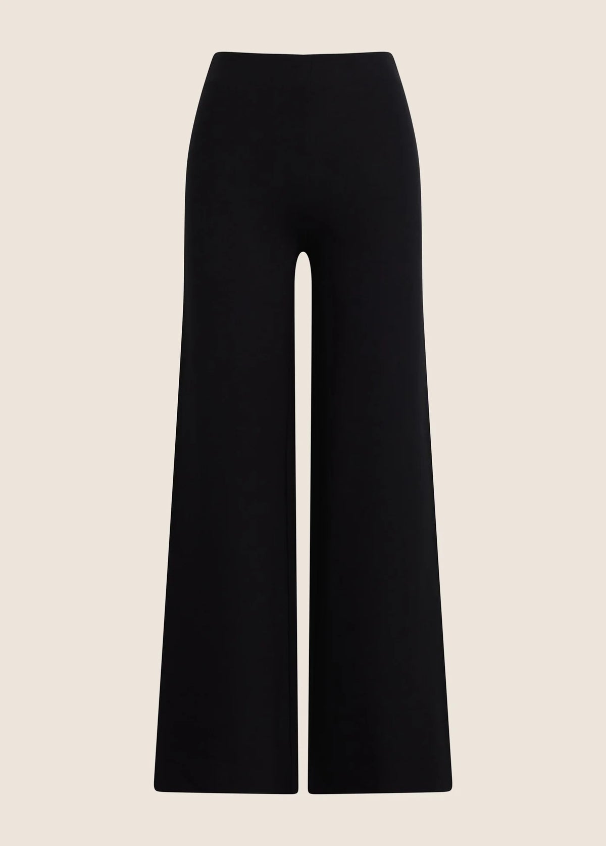 Black wide-leg cropped pants shown flat against a light beige background.