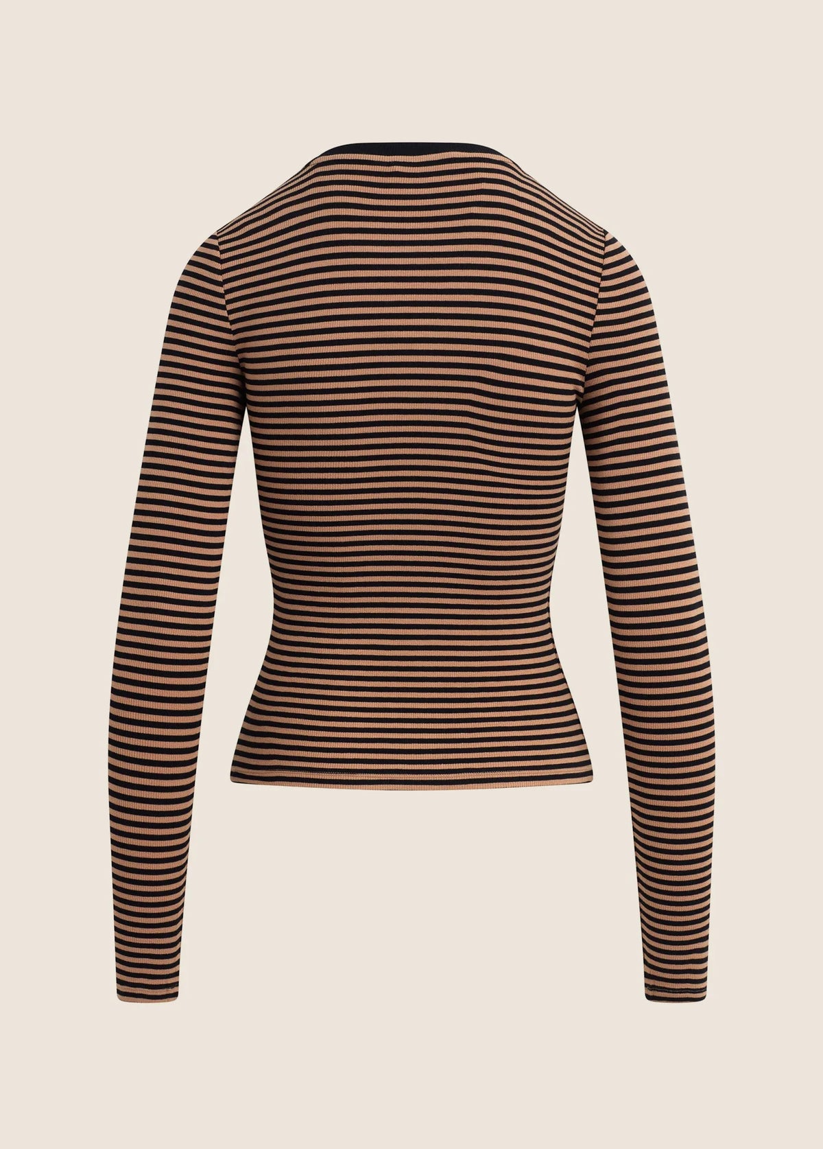 A long-sleeve ribbed knit top with horizontal brown and black stripes, shown from the back on a light beige background.