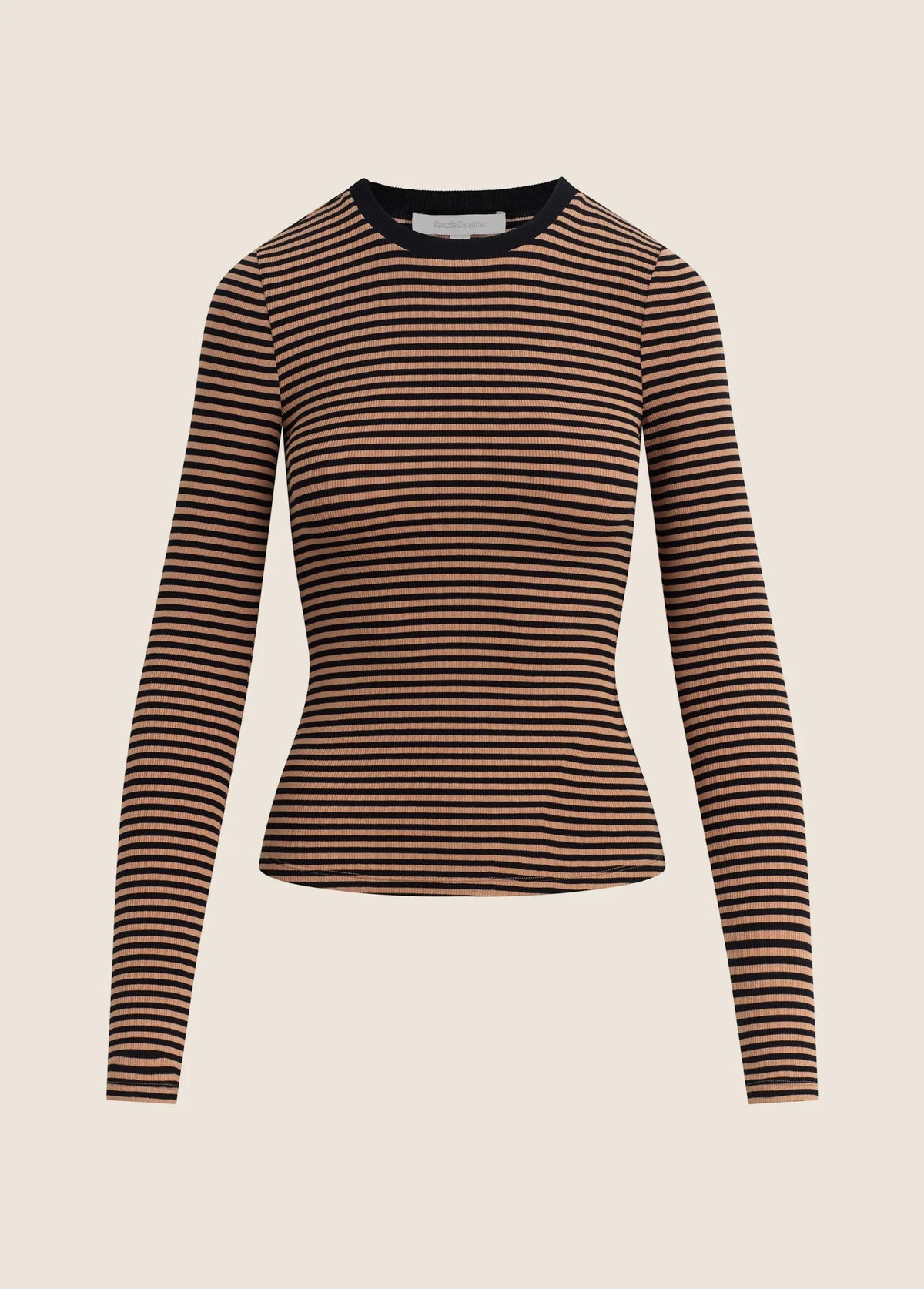 A long-sleeve crewneck top with horizontal brown and black stripes, displayed on a neutral beige background.