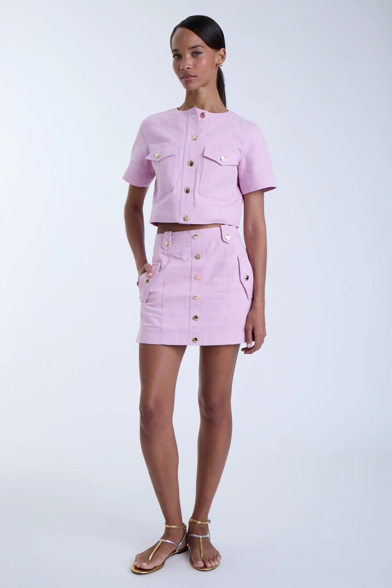 Flora Denim Shirt and Flora Denim Skirt full body front