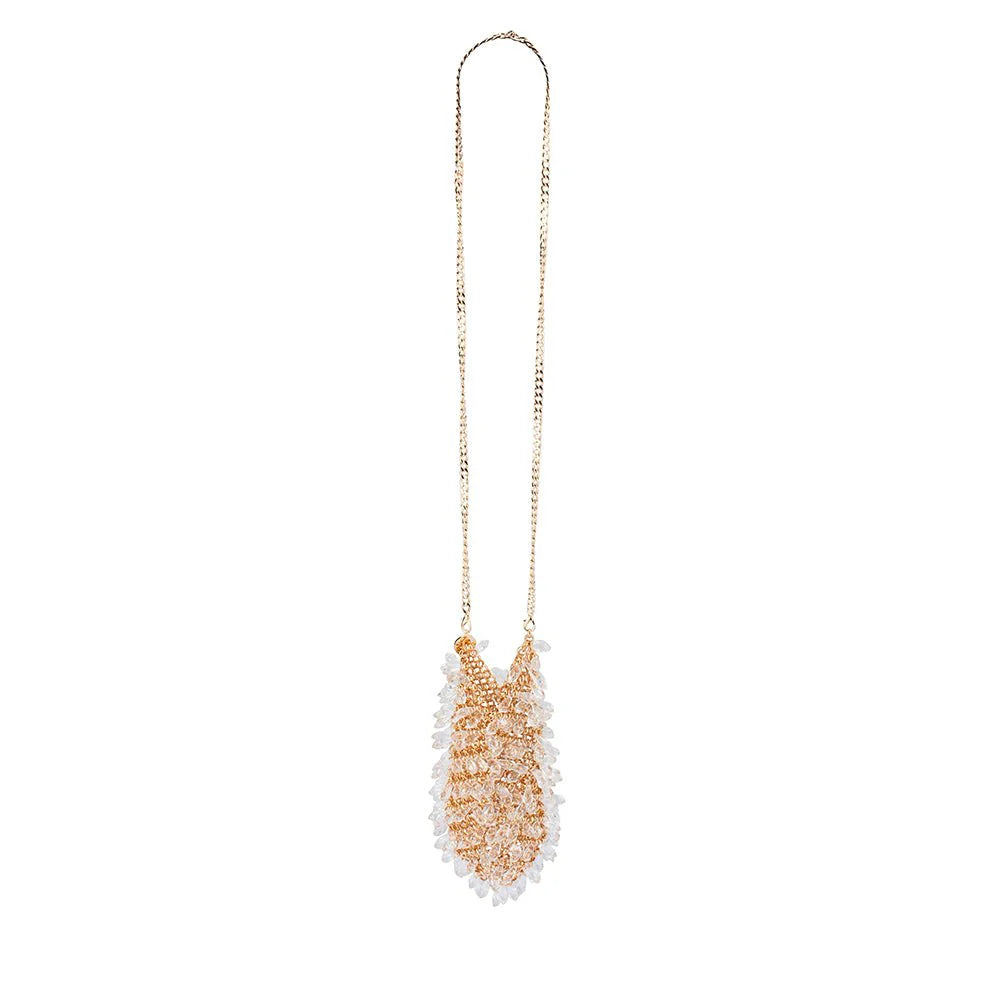 Gold necklace with leaf-shaped pendants on a white background