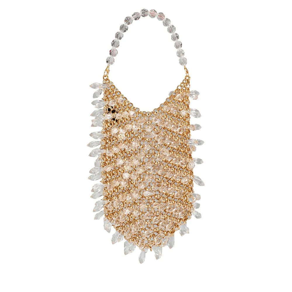 Gold and clear beaded handbag on a white background