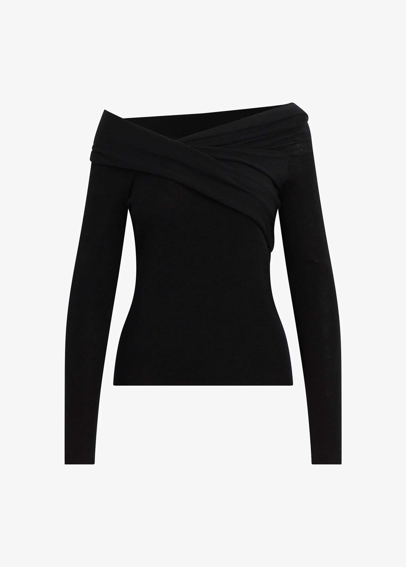 Black long-sleeve top with a draped design on a white background