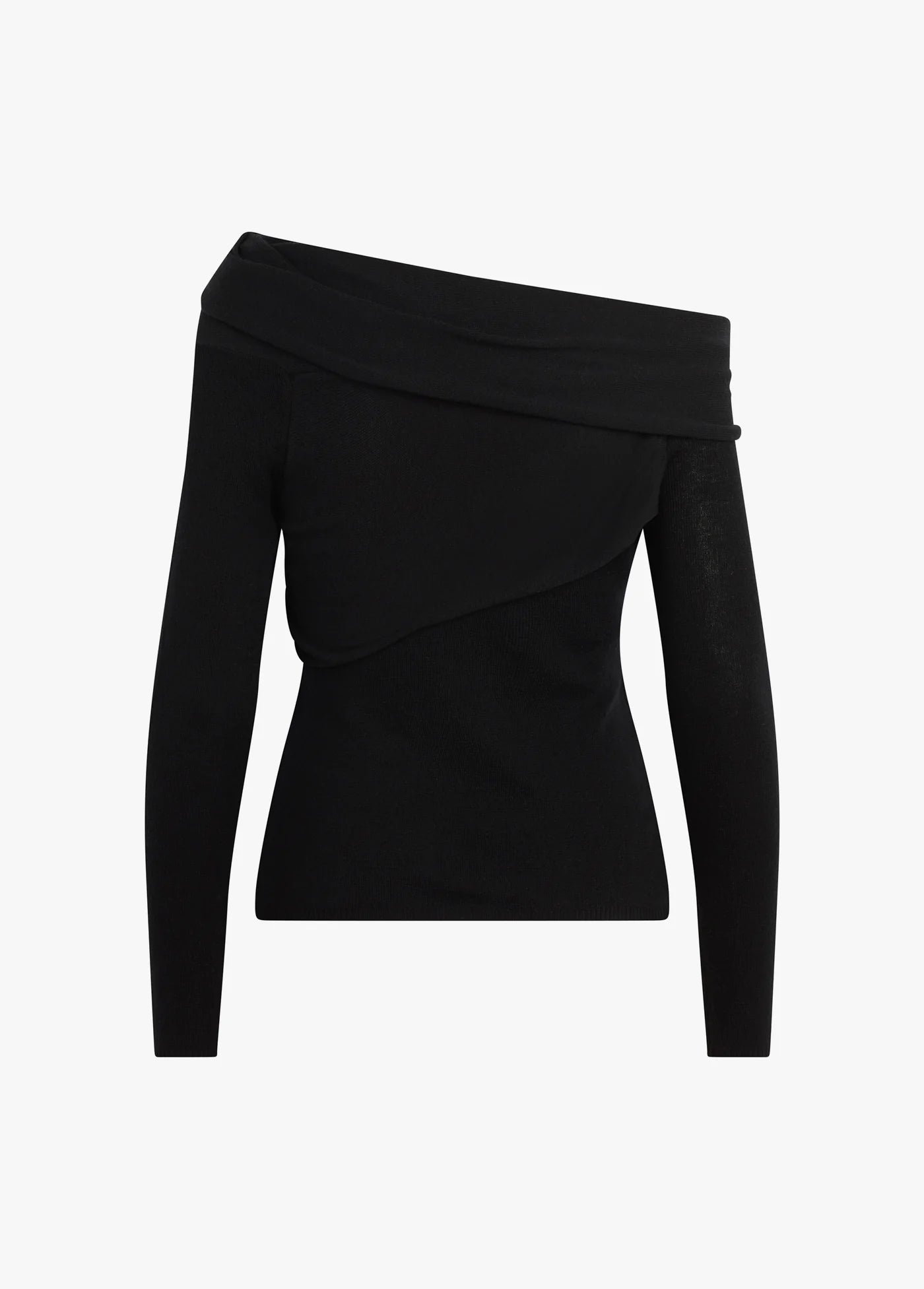 Black off-shoulder top on a white background