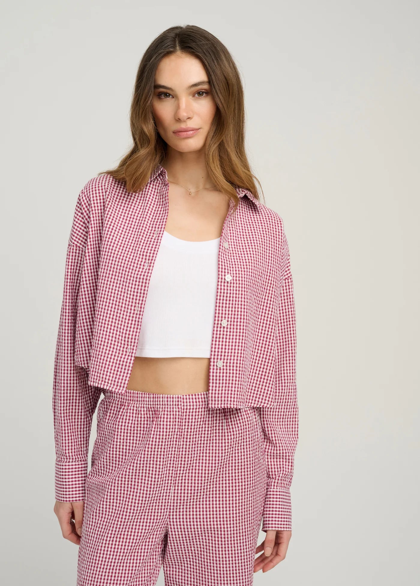 The Crop Ex-Boyfriend Shirt Raspberry/White, open front view