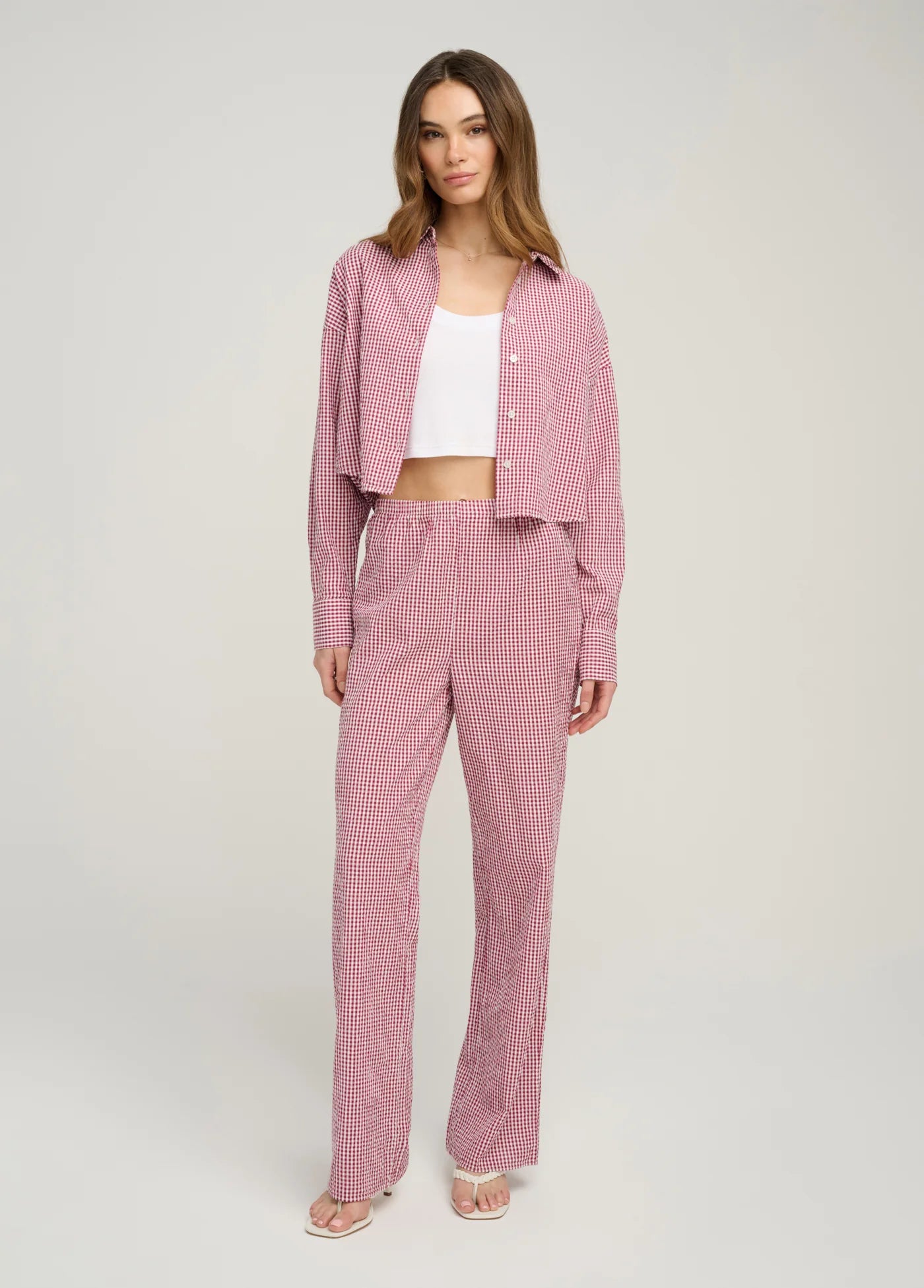 The Crop Ex-Boyfriend Shirt Raspberry/White full body front, open