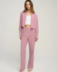 The Crop Ex-Boyfriend Shirt Raspberry/White full body front, open