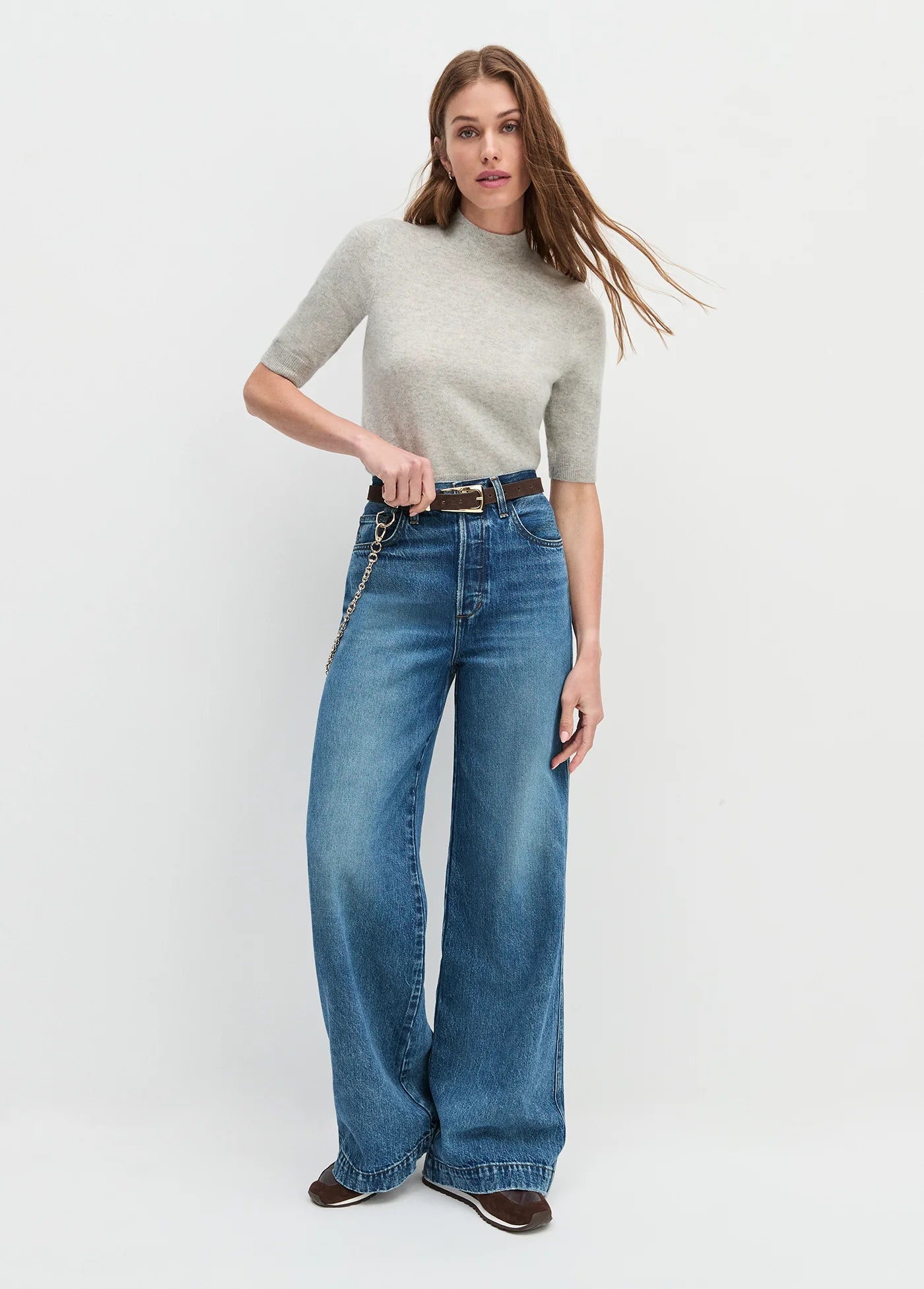 The Suede Statement Belt in Chocolate full body view