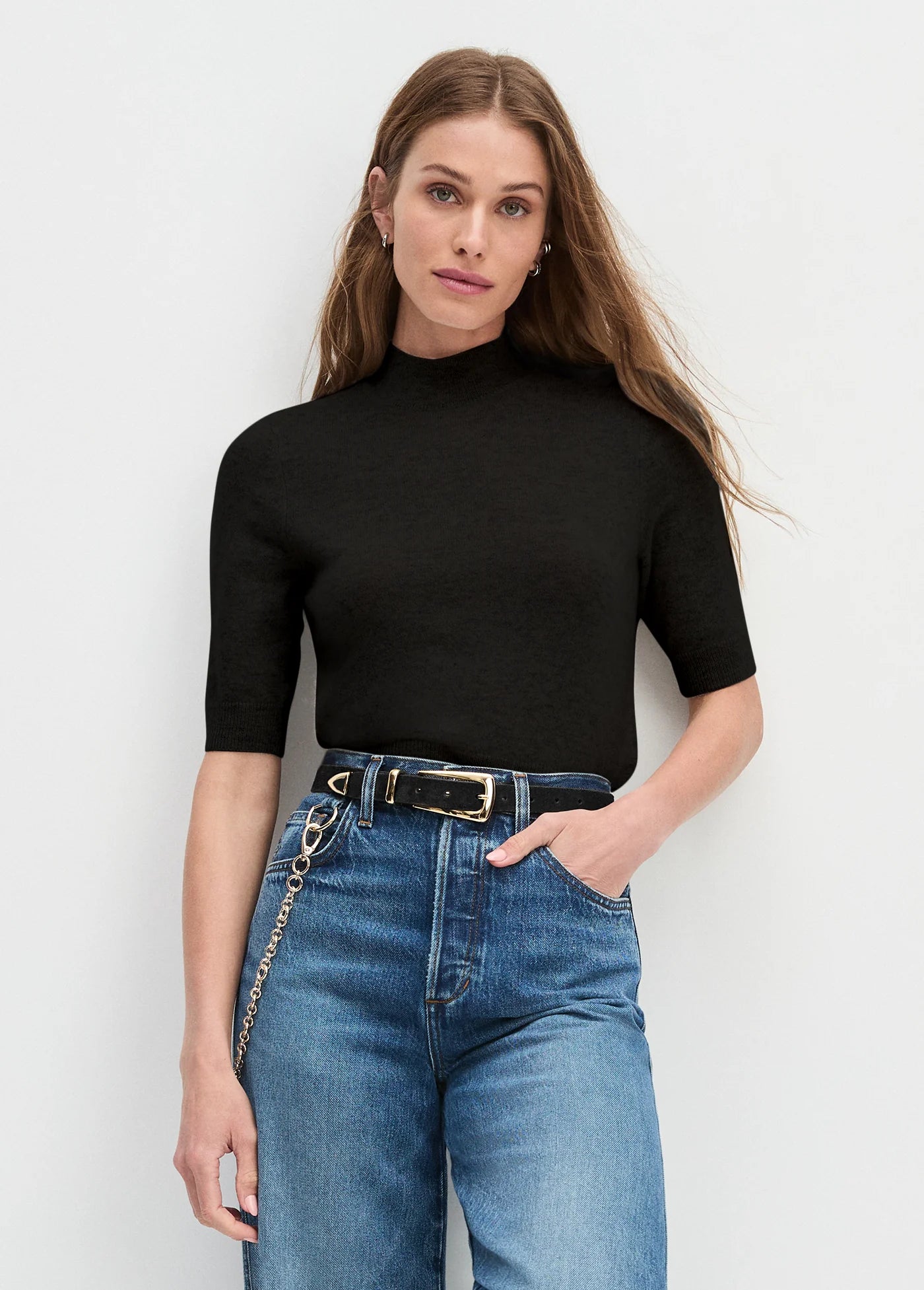 The Suede Statement Belt Black worn with jeans
