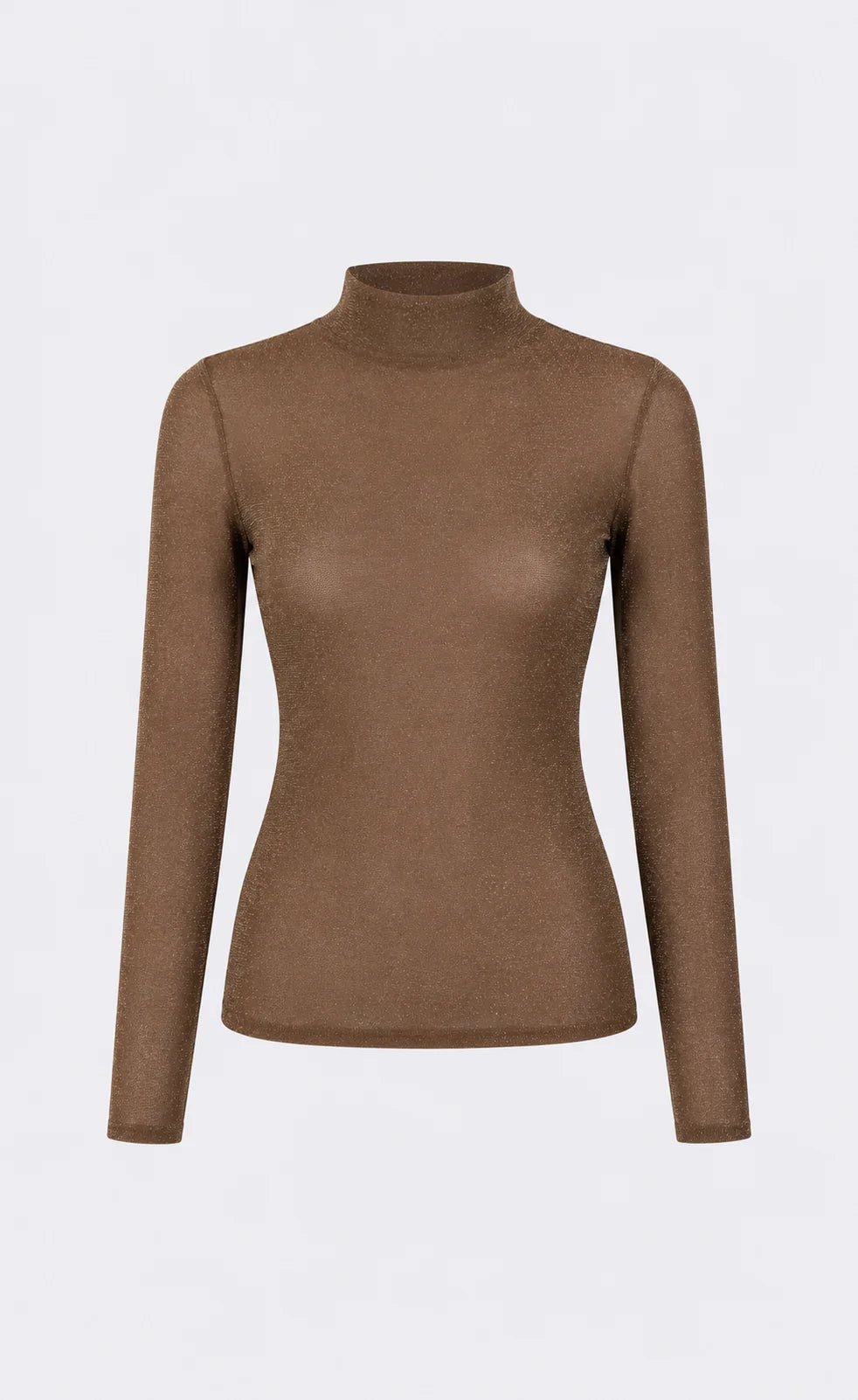A women's long-sleeve mock neck knit top in a solid medium brown color, displayed on a clean white background.