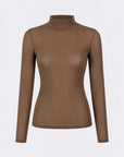 A women's long-sleeve mock neck knit top in a solid medium brown color, displayed on a clean white background.