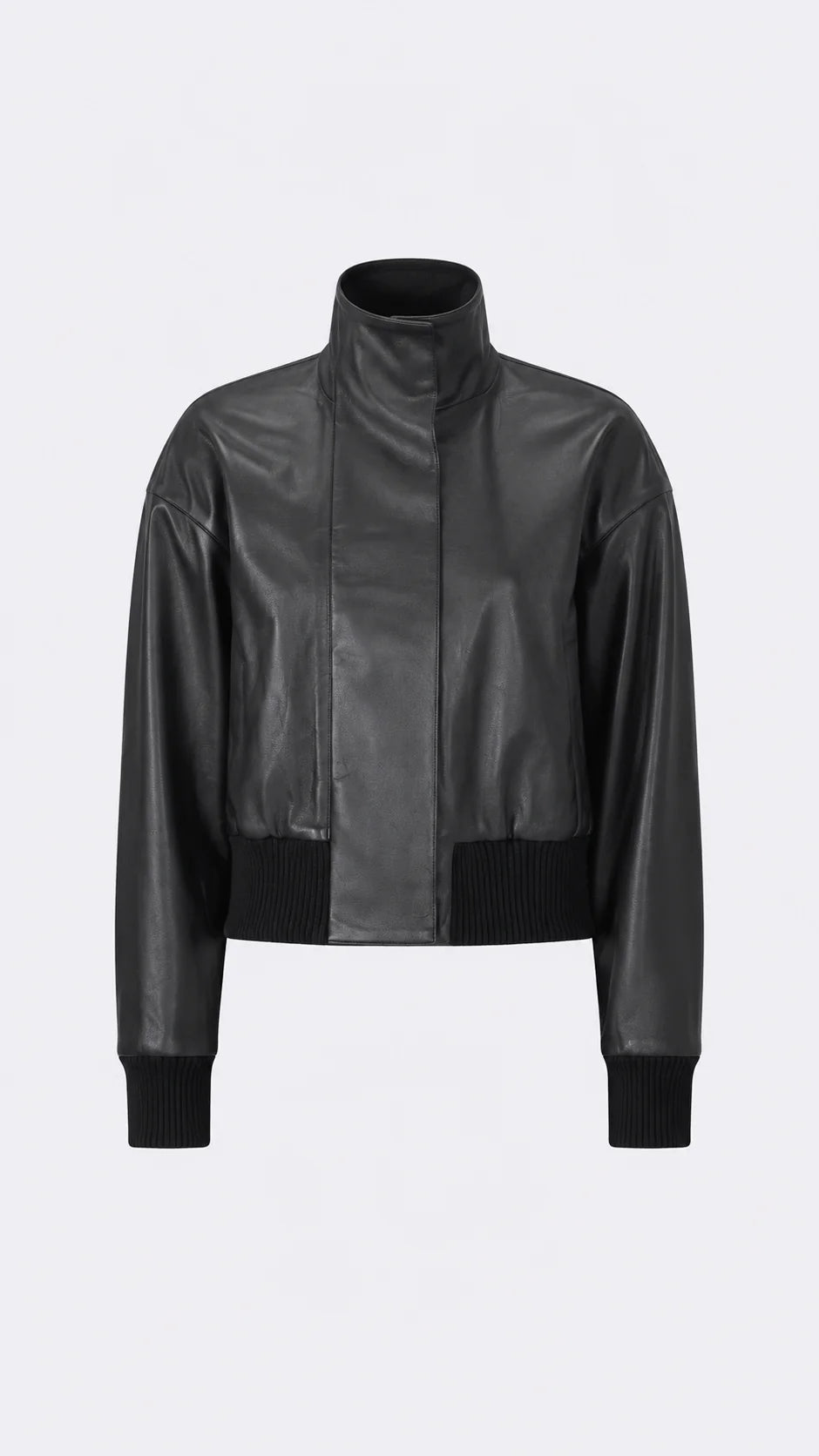A black faux-leather cropped jacket with a high mock neck, ribbed knit hem and cuffs, shown on a light gray background.