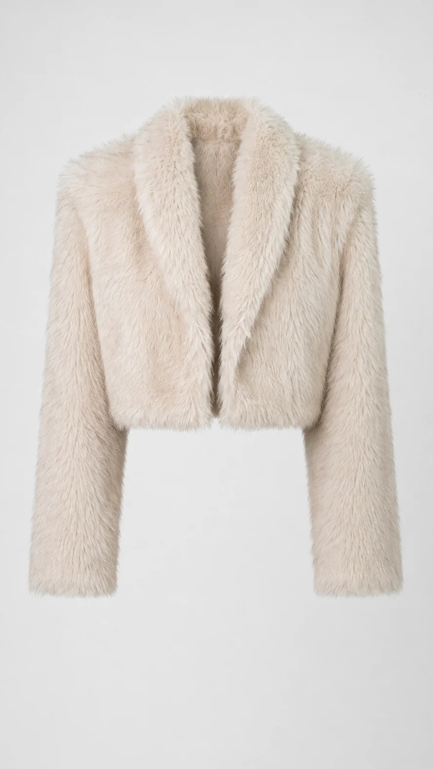 A cropped faux fur jacket in a light cream or beige color, featuring a wide collar and long sleeves, shown against a plain light gray background.