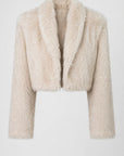 A cropped faux fur jacket in a light cream or beige color, featuring a wide collar and long sleeves, shown against a plain light gray background.