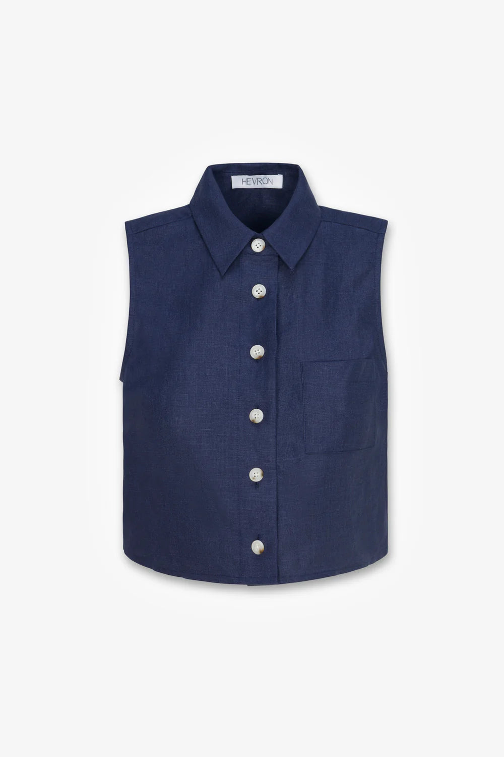 Navy blue sleeveless shirt with buttons on a light gray background