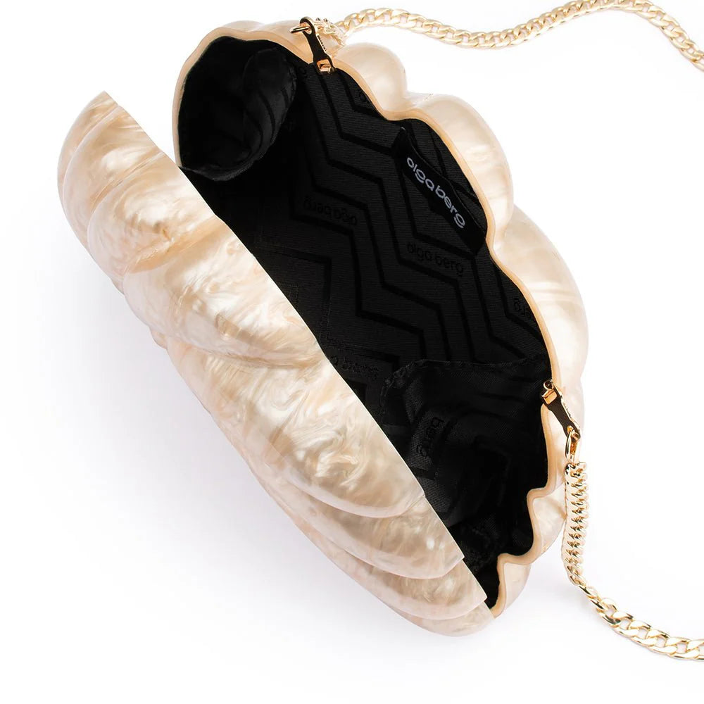 clutch with gold chain on a white background open with black interior