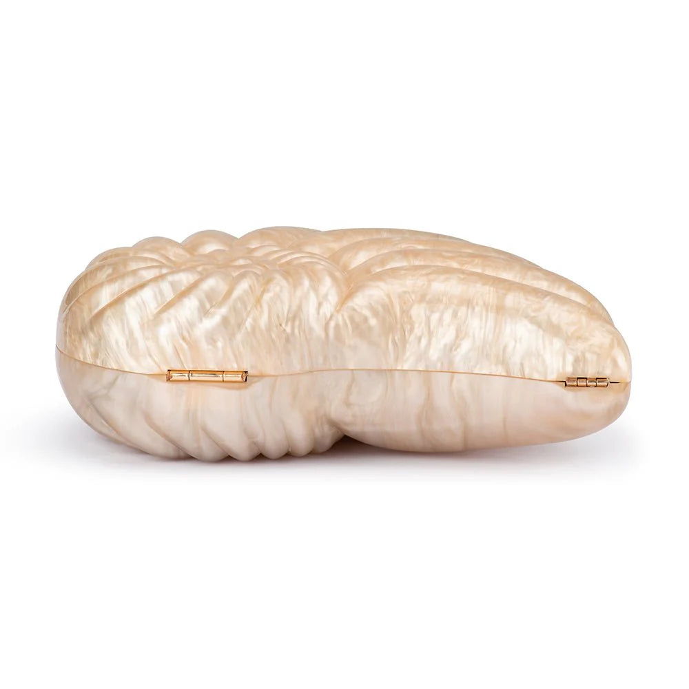Shell-shaped clutch with gold accents on a white background bottom view with hinges