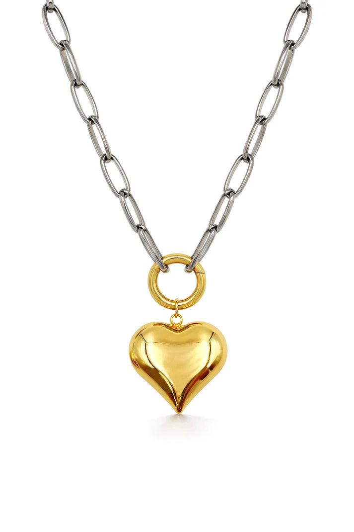 A gold heart pendant necklace with a polished gold heart charm suspended from a silver paperclip chain, shown on a clean white background.