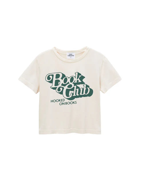 Beige t-shirt with 'Book Club Hooked on Books' text design on a white background