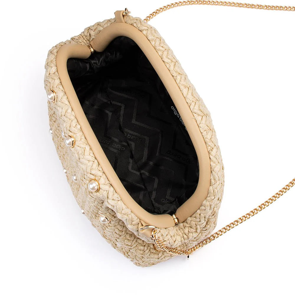 Kaia Studded Woven Clutch top view, open