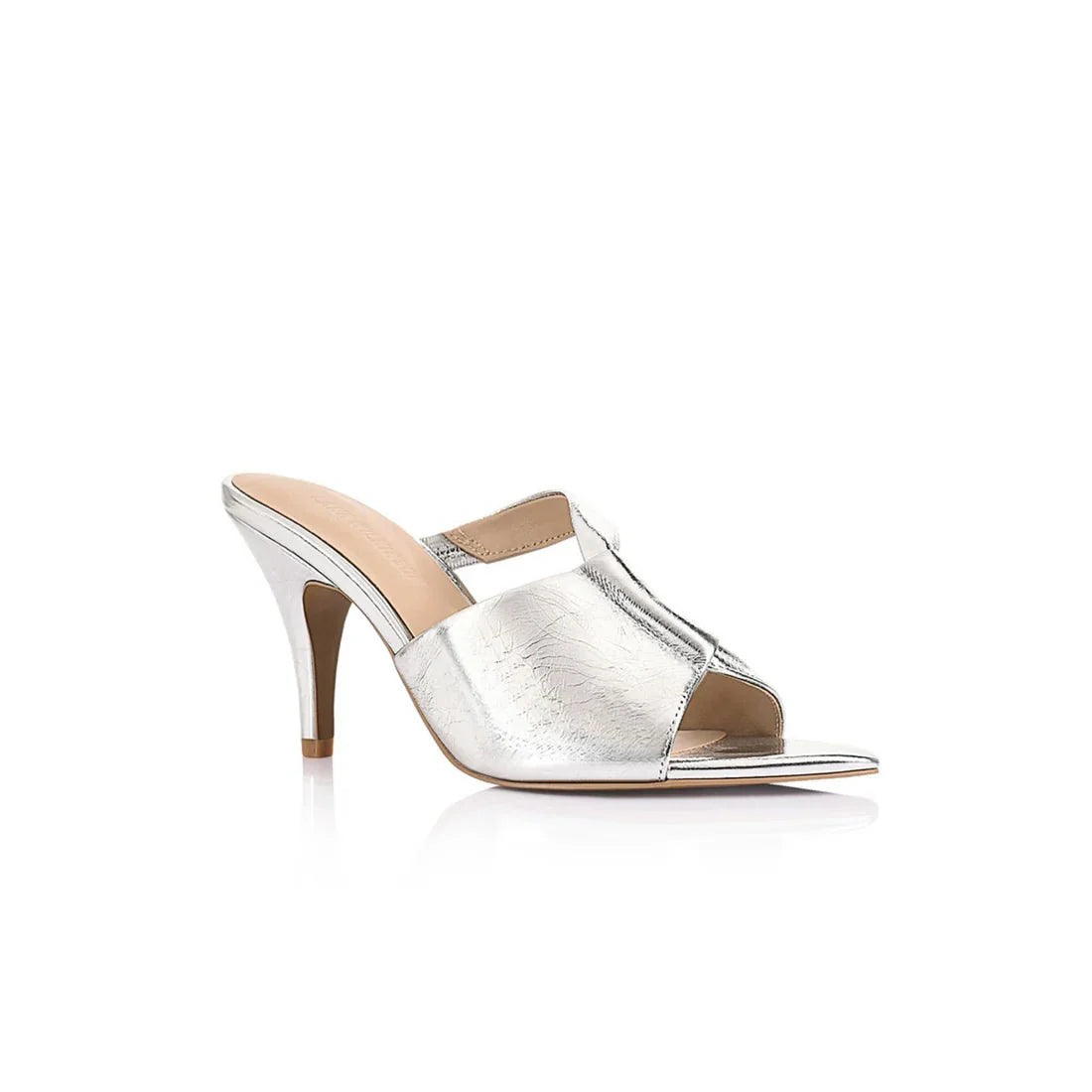 A single metallic silver mule sandal with a pointed toe, open back, and a slim high stiletto heel, shown against a plain white background.