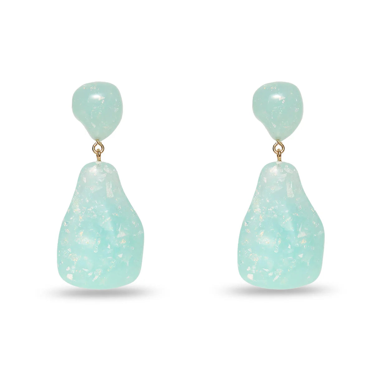 Pair of light blue earrings on a white background