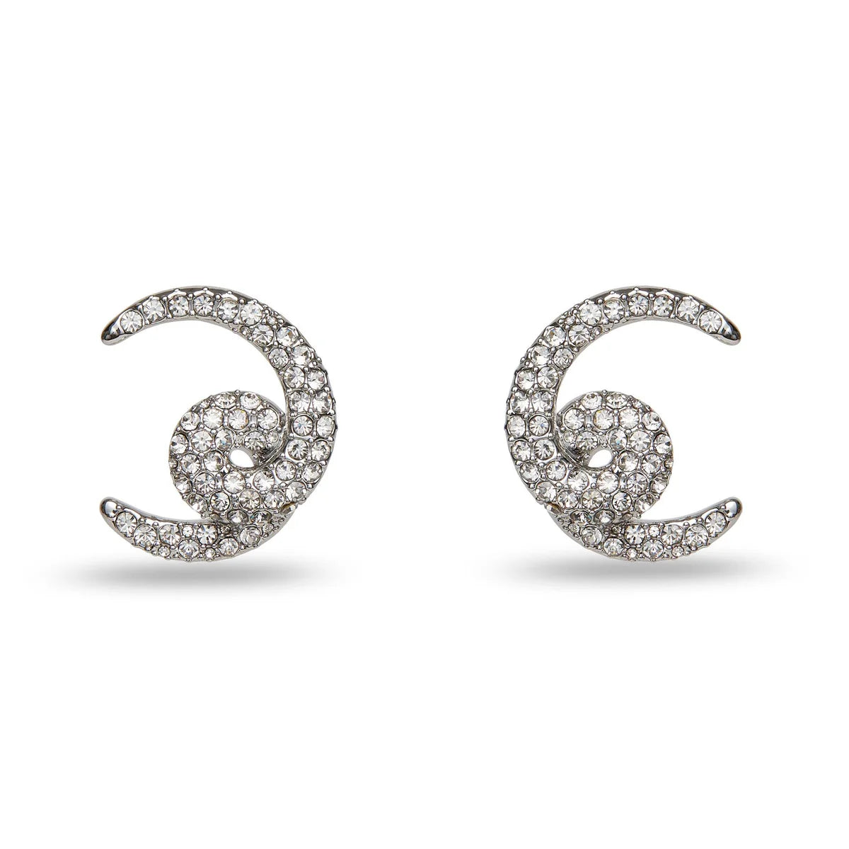 Pair of silver crescent moon earrings with gemstones on a white background