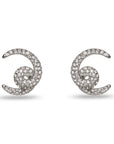 Pair of silver crescent moon earrings with gemstones on a white background