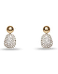 Pair of gold earrings with diamond-like stones on a white background