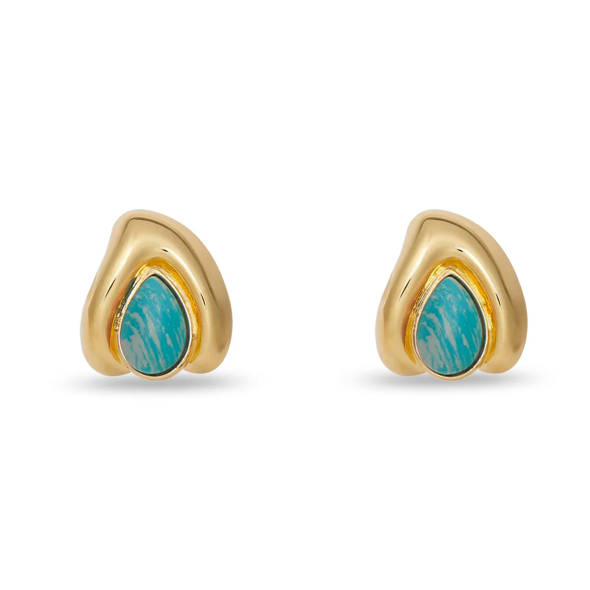 Gold earrings with turquoise stones on a white background