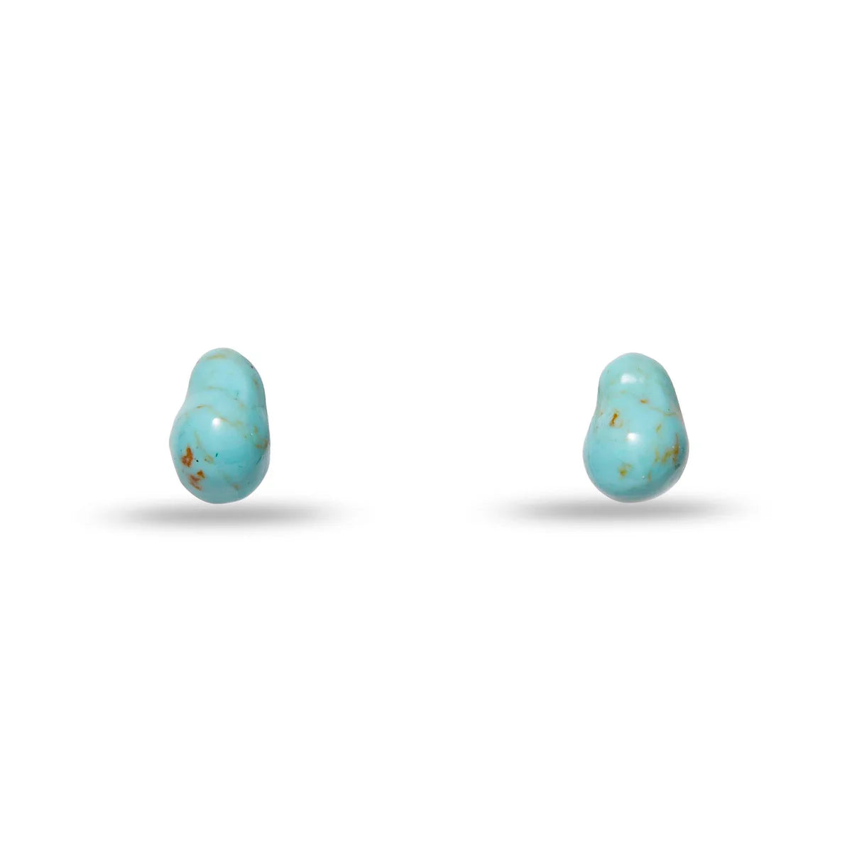 Two turquoise earrings with gold flecks on a white background