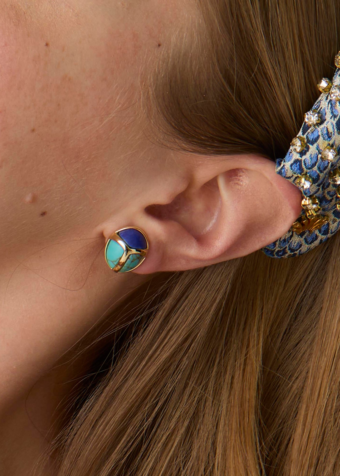 Stone Scarab Stud Earrings on model with headband