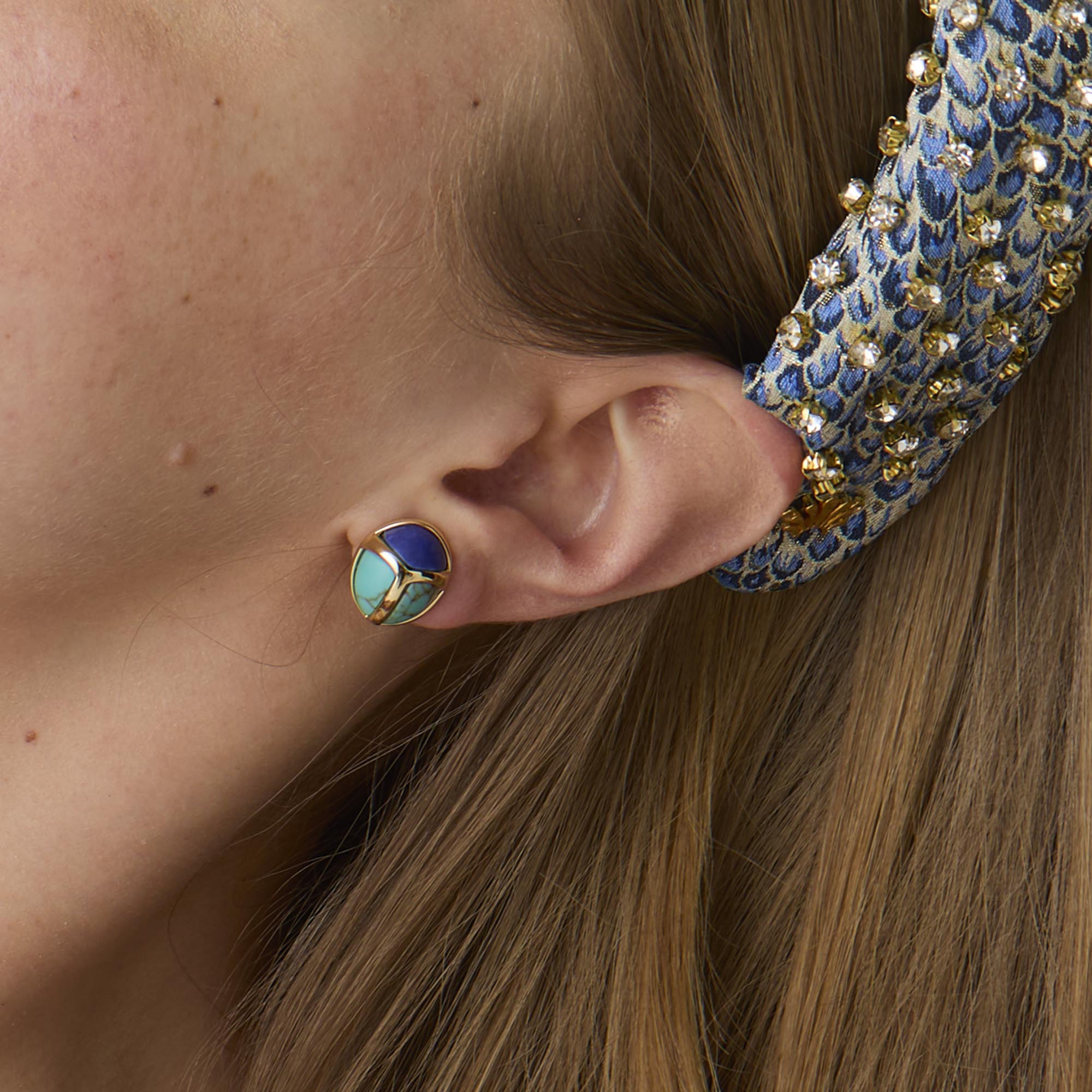 Stone Scarab Stud Earrings on model with headband