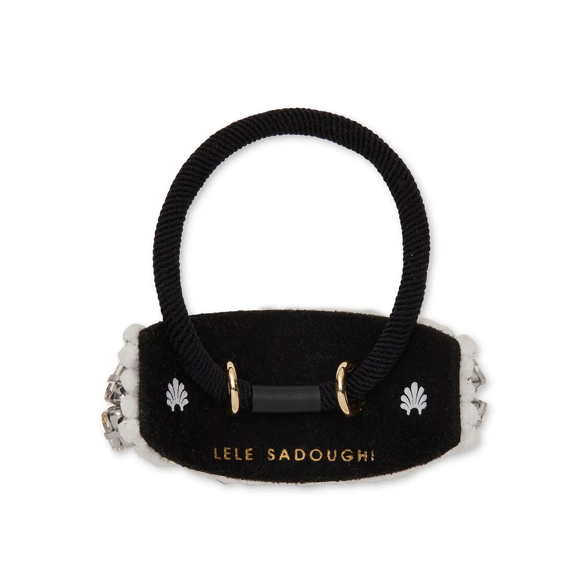 Black hair tie with decorative elements on a white background