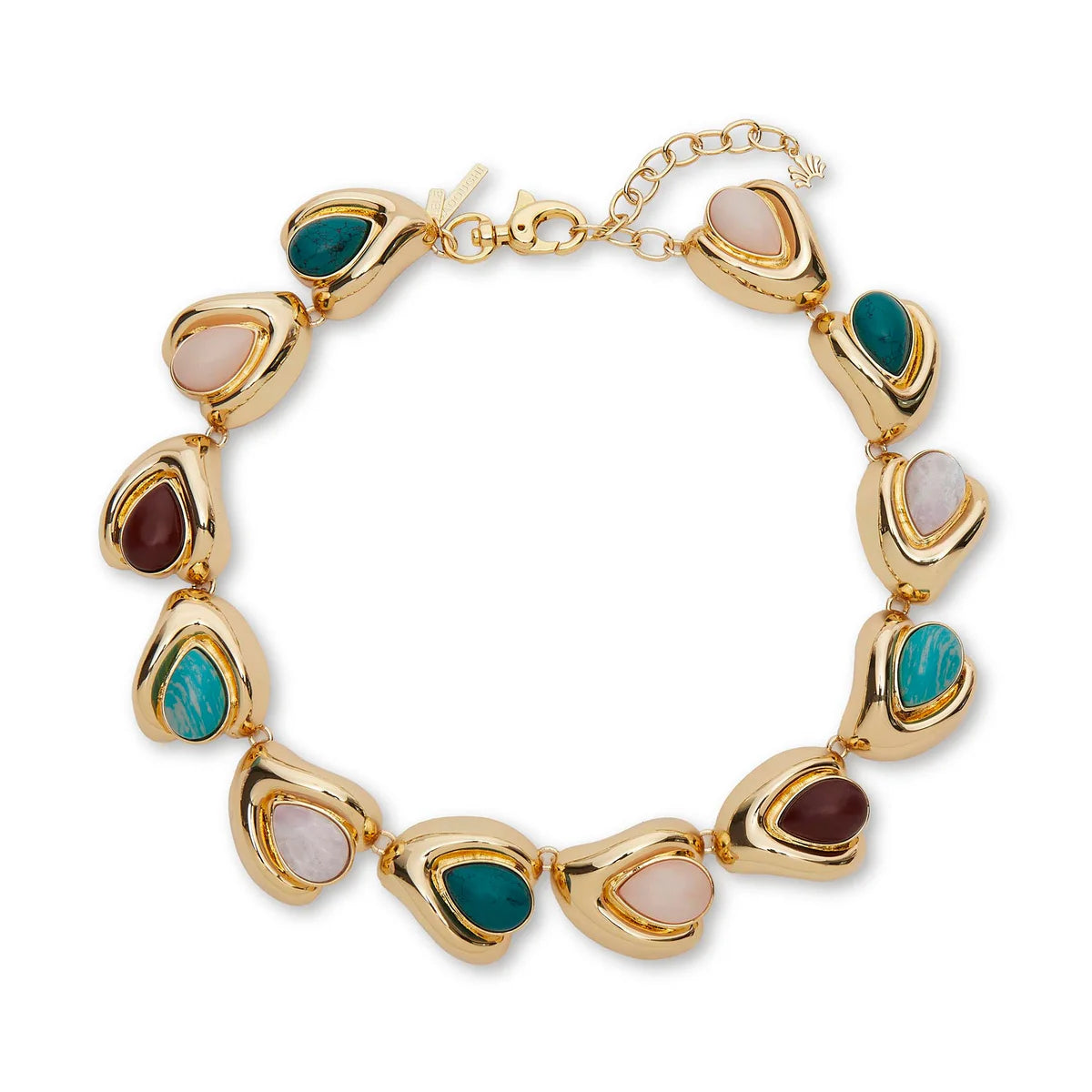 Gold bracelet with multicolored stones on a white background