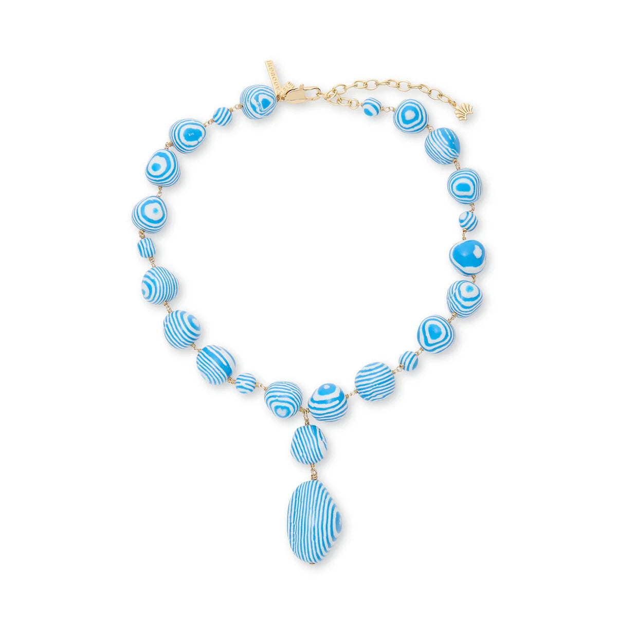 blue and white necklace with a white background