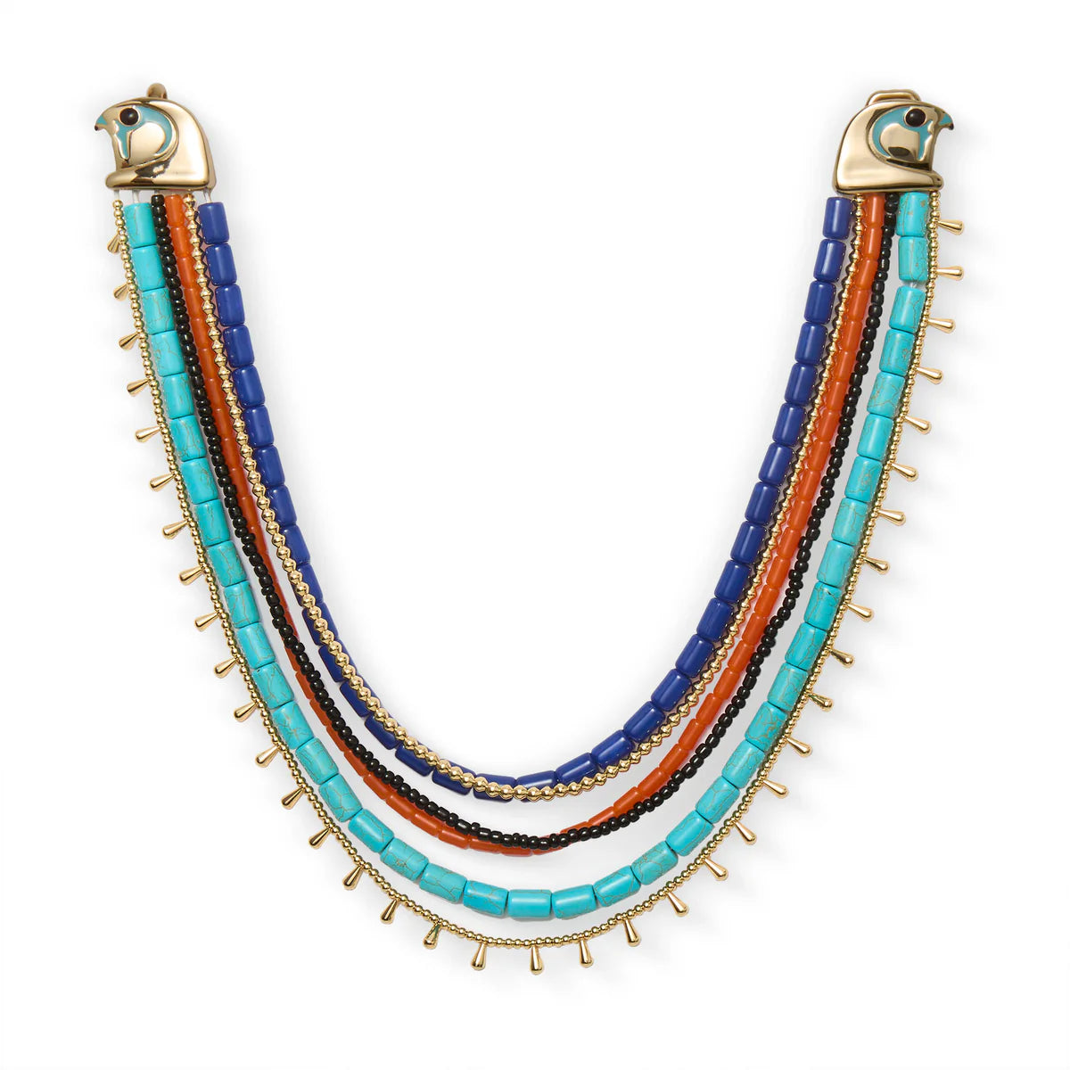 multi strand multi color necklace on a white background