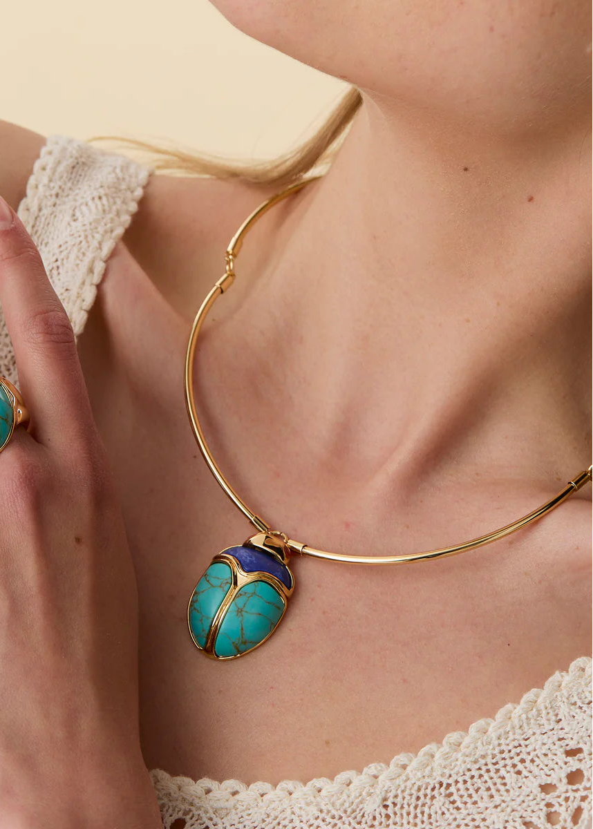 Stone Scarab Collar Necklace close up on model