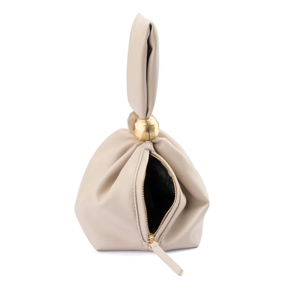 Beige pouch with a gold zipper and clasp on a white background