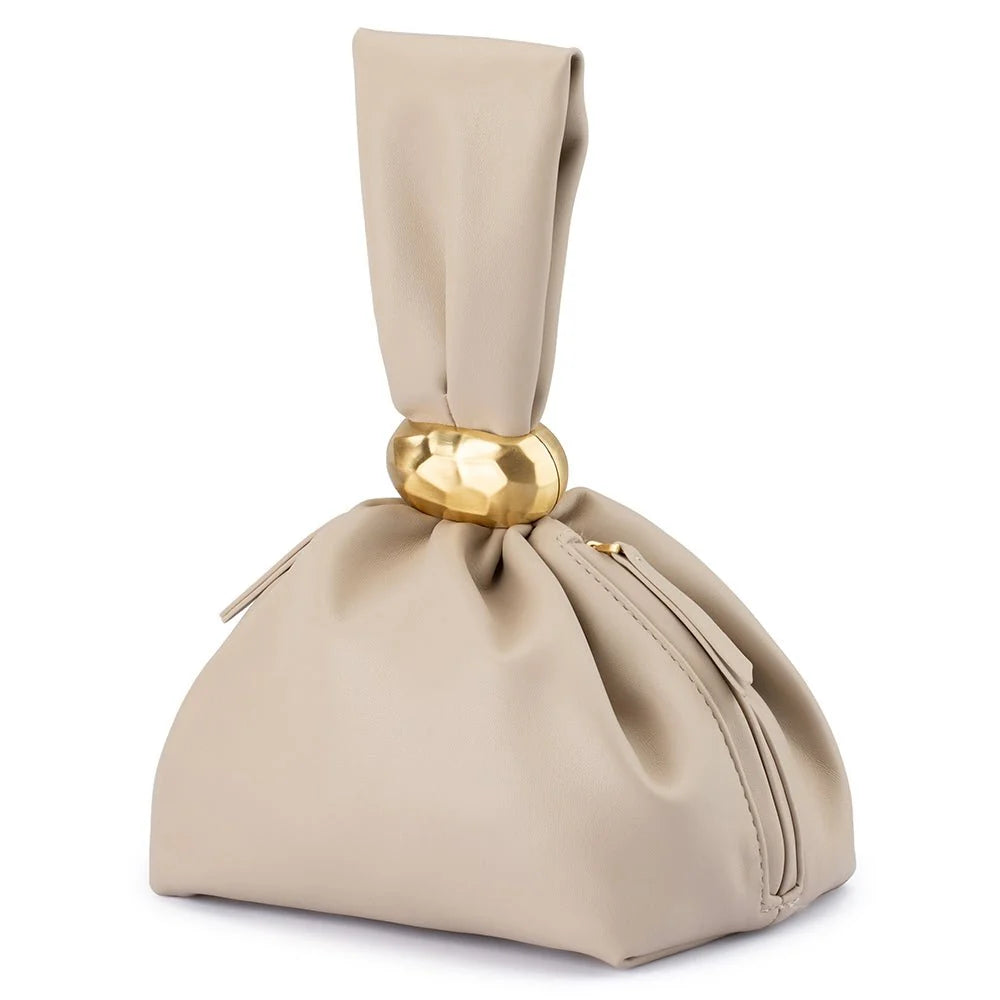 Beige drawstring bag with a gold accent on a white background
