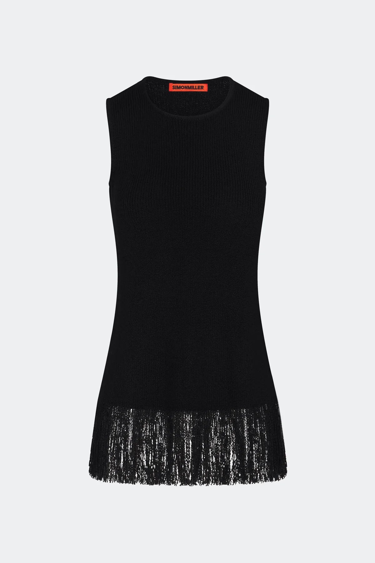 Black sleeveless shirt with fringe hem on a white background