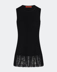 Black sleeveless shirt with fringe hem on a white background