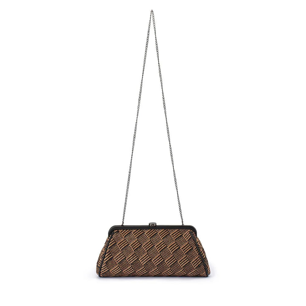 Brown woven handbag with a chain strap on a white background