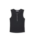 Black sleeveless shirt with buttons on a white background