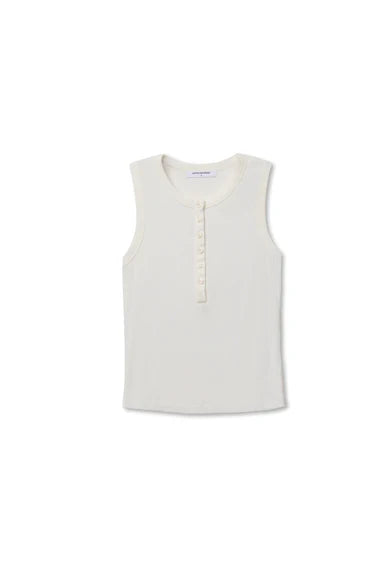 White sleeveless top with button details on a white background