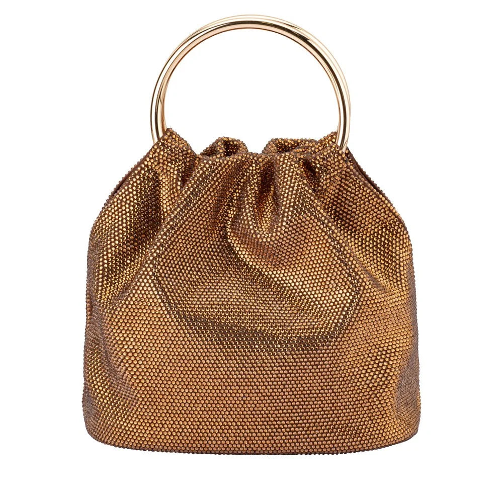 Gold metallic drawstring bag with gold handle on a white background