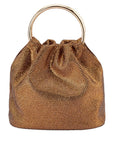 Gold metallic drawstring bag with gold handle on a white background