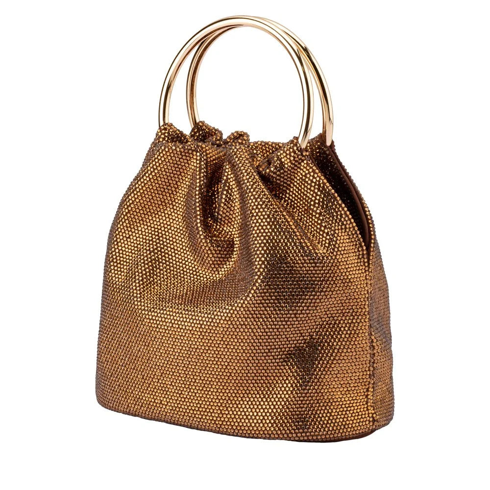 Gold metallic handbag with a drawstring top on a white background